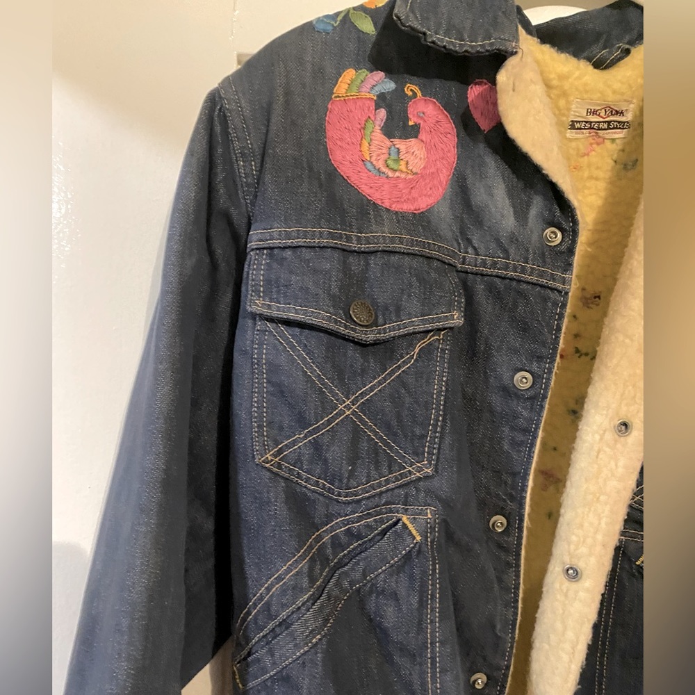 Vintage 70s embroidered denim and Sherpa big yank snap jacket